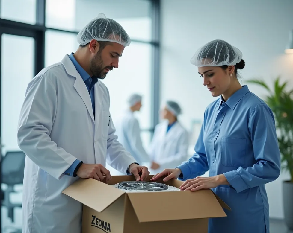 Delivery technician in a clean uniform unpacking a refurbished centrifuge from protective foam packaging