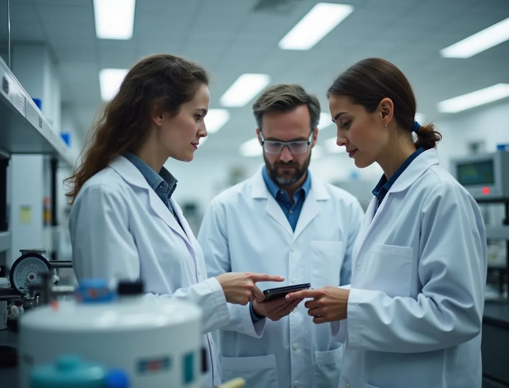 Two researchers discussing results beside a humming centrifuge in a sleek modern lab