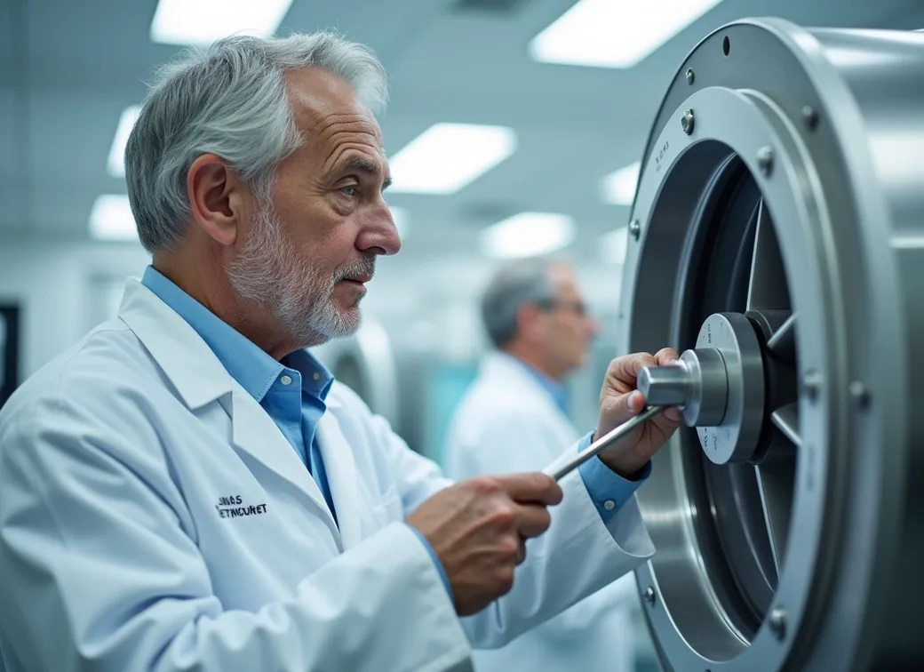 Senior scientist with grey hair inspecting a centrifuge rotor under bright overhead lab lights