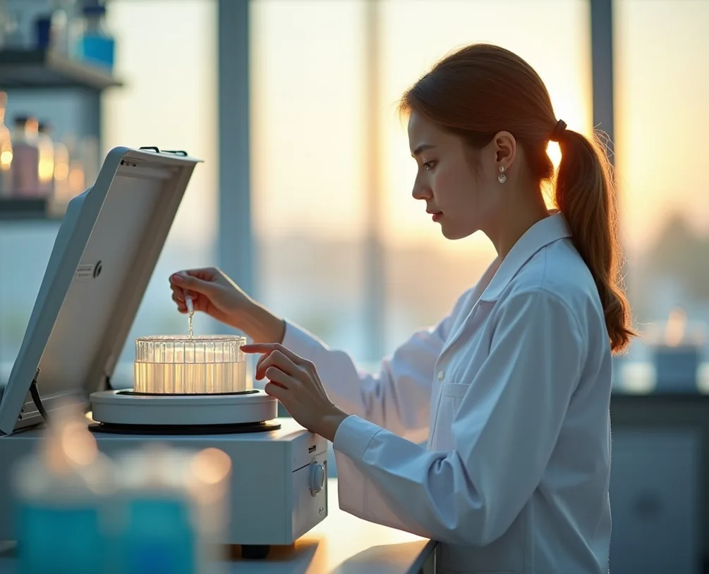 Young female lab technician in white coat loading sample tubes into a benchtop centrifuge
