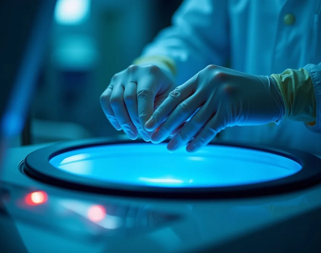 Close-up of gloved hands sealing a refrigerated centrifuge lid in a clinical lab