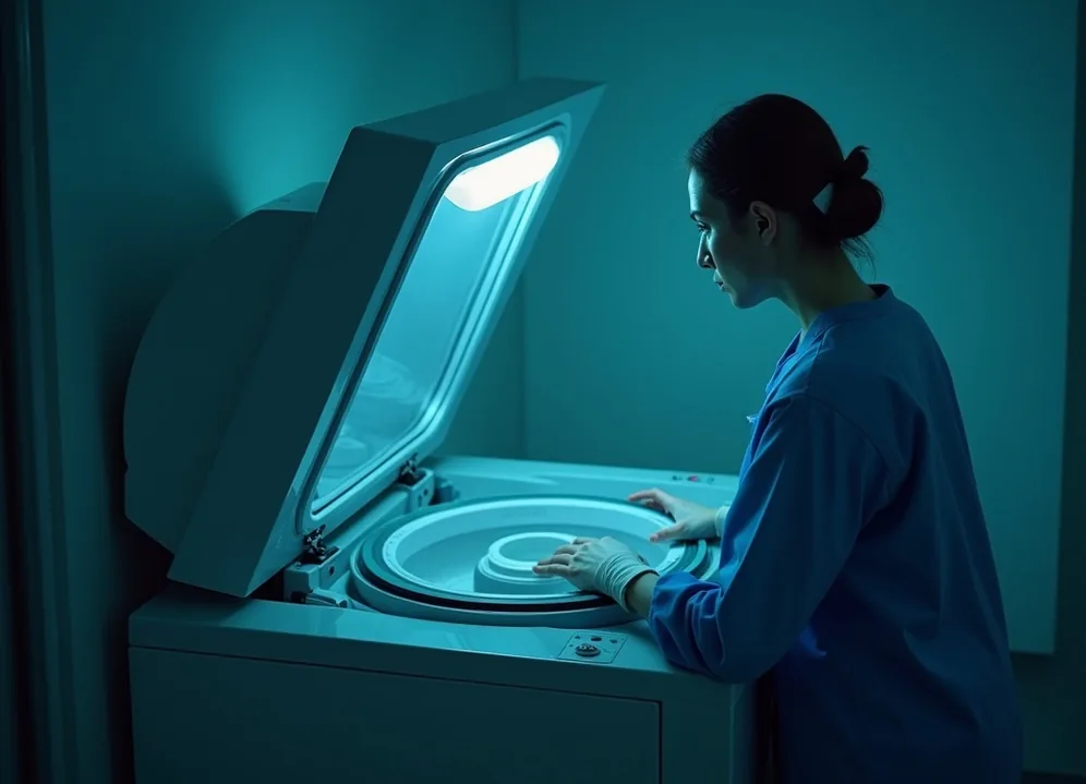 Evening scene of a lone lab worker monitoring a refrigerated centrifuge through its glass lid