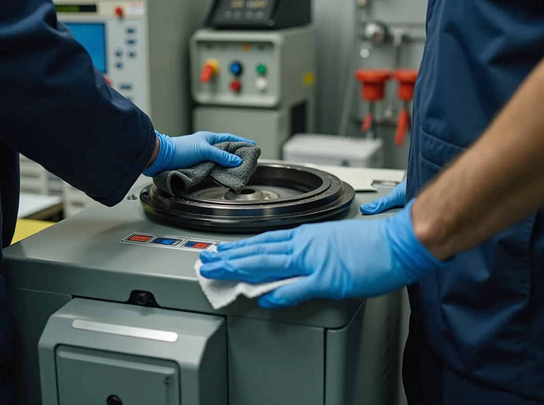 Technician wiping down and calibrating a refurbished centrifuge with a microfiber cloth
