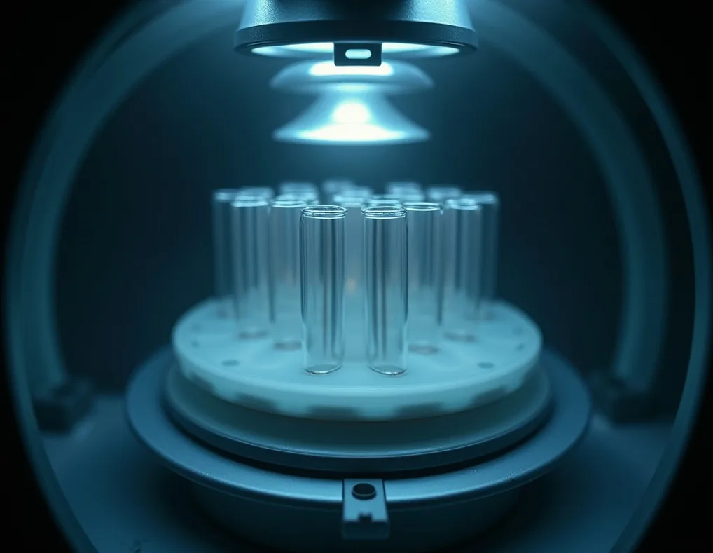 Macro atmospheric shot of sample tubes spinning inside an open centrifuge with motion blur
