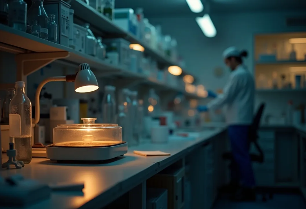 Small research laboratory at dusk with a single illuminated centrifuge on a workbench