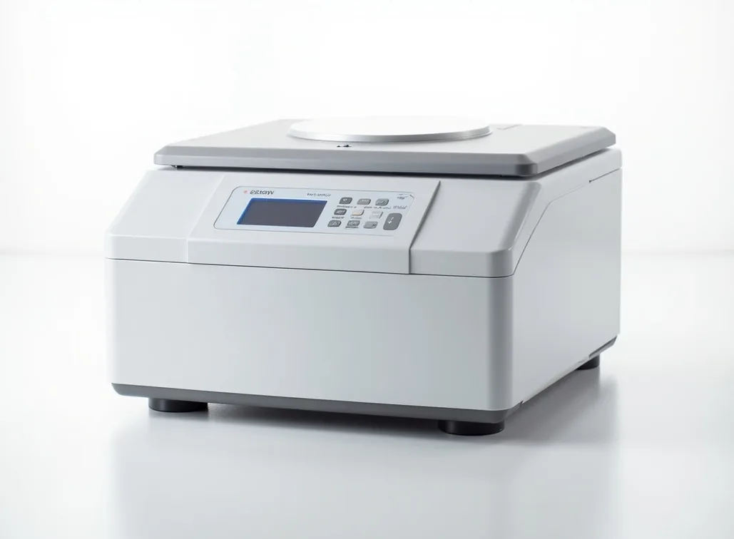 Versatile benchtop centrifuge on white background with touch controls