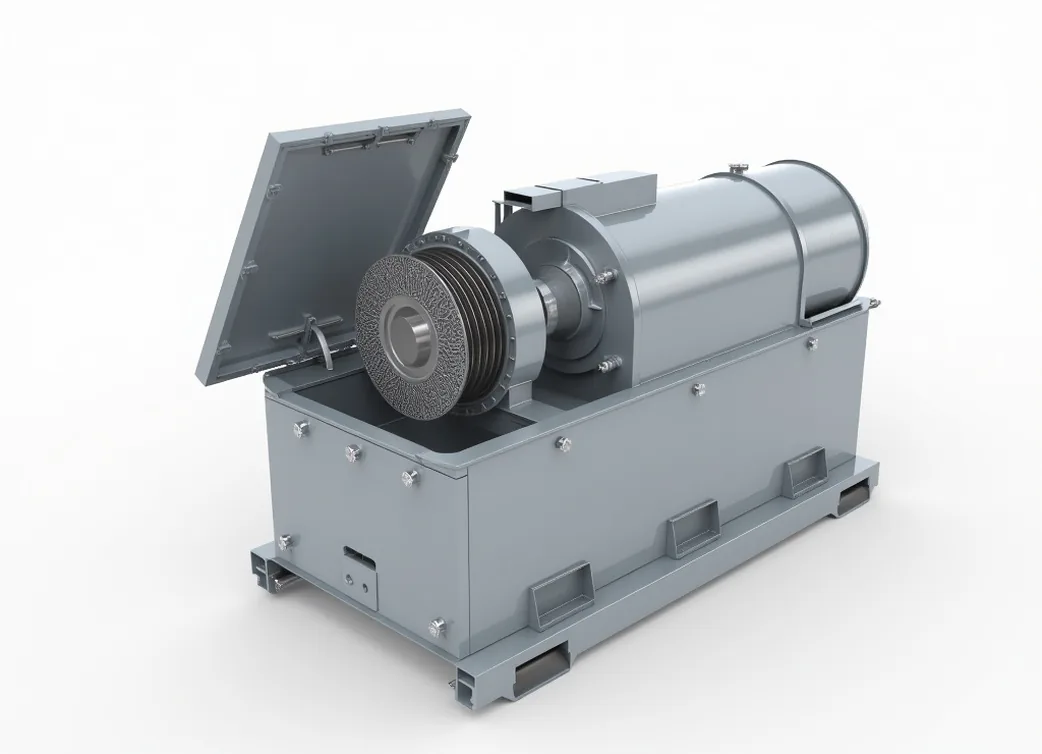 Three-quarter top angle shot of a large-capacity refrigerated centrifuge on white background