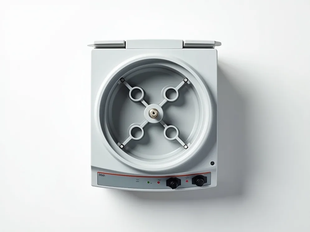 Top-down flat lay of a general-purpose benchtop centrifuge on white background